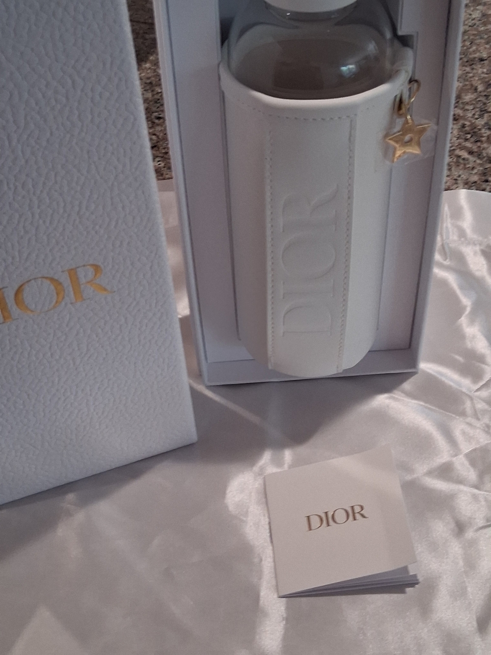 DIOR VIP/GWP White Faux Leather Water Bottle Holder with Gold Star Charm.New